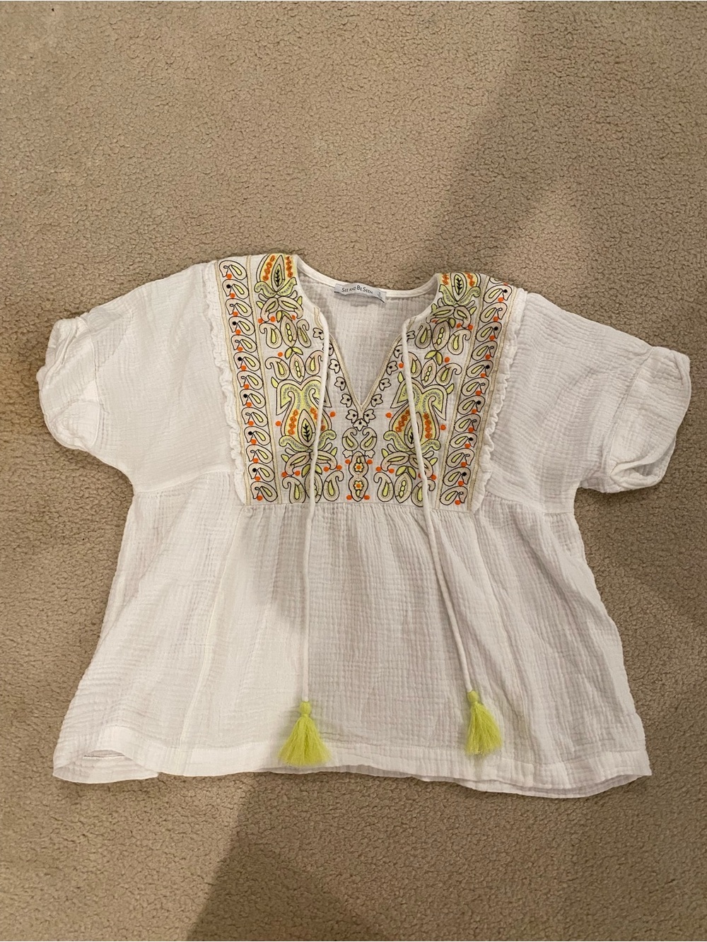 White Embroidered V-Neck Peasant Blouse with Yellow Accents